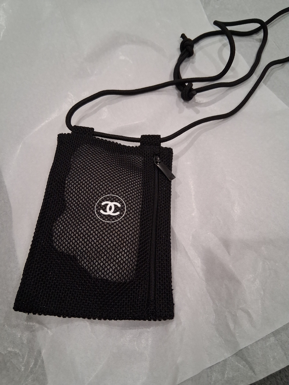 CHANEL GWP Black Mesh Neck Pouch with Logo.Crossbag.